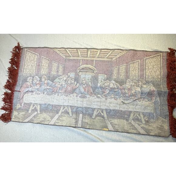 Vintage P&C Italian Tapestry The Last Supper 1970s Red Fringe 40 x 20 - Picture 9 of 11
